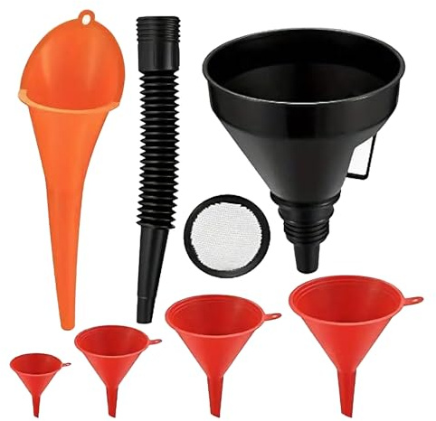 6Pcs Universal Plastic Funnel Set with Detachable Spout & Long Mouth Funnel | Car Gasoline Fuel Petrol Engine Funnels for Car Motorcycle(Red, Orange, Black)
