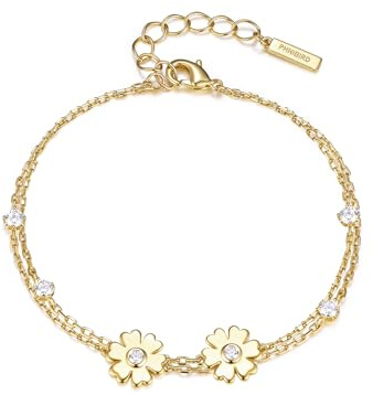 PHNIBIRD Bracelet Fleur Femme Or Double Chaîne avec 5A Zircone 17+3cm | Hypoallergénique, Ajustable, Plaqué Or 14k Double Chaîne Élégante Solide, Fraîche et Tendance, Brillante, Cadeau Femme