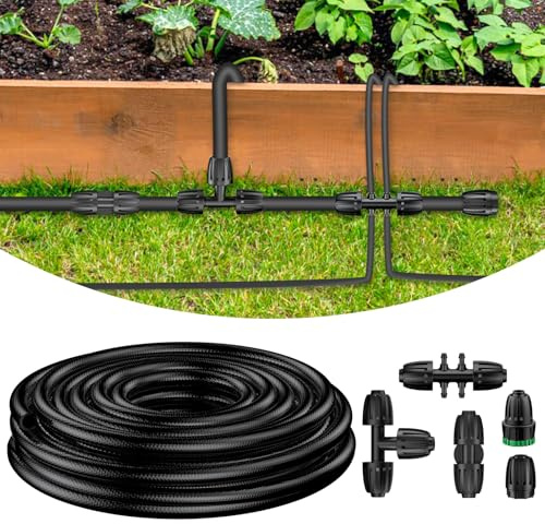 Pawfly Tuyau d'irrigation goutte-à-goutte 13/16 mm (rouleau de 7,6 m), conduite principale en PVC flexible pour systèmes d'irrigation de jardin avec 5 connecteurs à barbelés