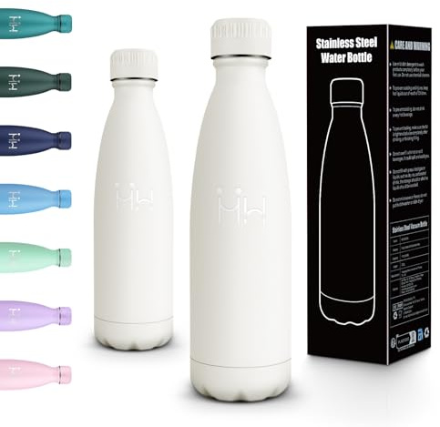 Motswedi Thermosflasche 500ml, Doppelwand Vakuum, Edelstahl Trinkflasche, Isolierte Wasserflasche, Trinkflasche Edelstahl, Leckdichte Flasche für die Schule,Büro, Fitness, Wandern, Weiß