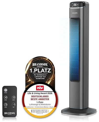 Brandson - Turmventilator mit Fernbedienung – Sieger Ventilatoren und Luftkühler 2026 - Oszillation – sehr leise - Nacht Modus – Natur Modus – 6 Geschwindigkeitsstufen – Schlafzimmer Wohnzimmer