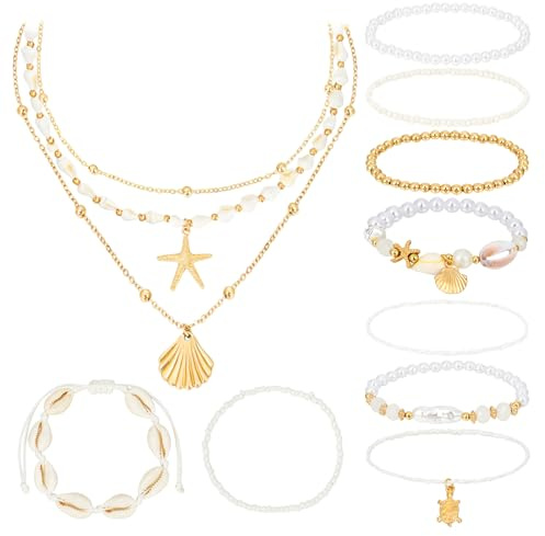 PHOGARY 12 Stück Muschelkette für Damen, Boho Schmuck Muschel Halskette Armband Set, Sommer Schmuck Böhmischer Stil Perlenarmband, Fußbänder mit echten Muscheln