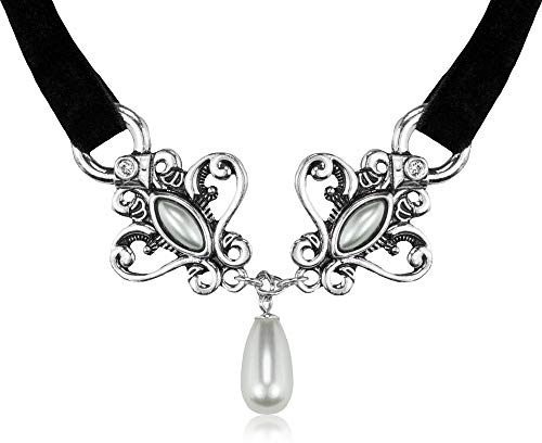 LUISIA Samt Kropfband mit antikem Ornament und Perle - Schwarz - Schöne Kette zu Dirndl Trachten Gothik Burlesque Kostümen
