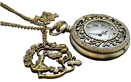 Joyplancraft Alice au pays des merveilles - Collier montre de poche Alice avec pendentif en laiton antique en forme de lapin et de chat théière