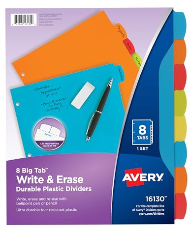 Avery Big Tab Write & Erase Durable Plastic Dividers for 3 Ring Binders, 8-Tab Set, Bright Multicolor, 1 Set (16130)