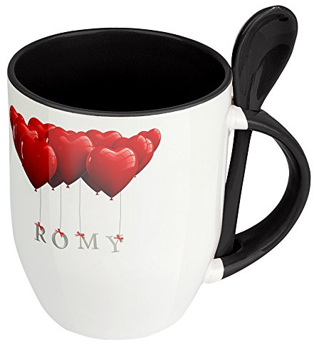 Namenstasse Romy - Löffel-Tasse mit Namens-Motiv Herzballons - Becher, Kaffeetasse, Kaffeebecher, Mug - Schwarz
