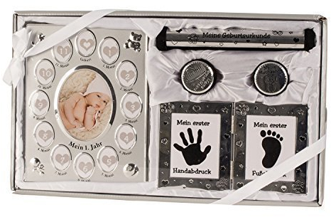 Babyset in silber inklusive Bilderrahmen mein erstes Jahr, 2 Dosen für Milchzähne und Haare, Röhre für Geburtstagsurkunde und Gips für Hand und Fußabdruck 26x44 cm