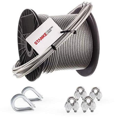 Seilwerk STANKE Rankhilfe PVC Drahtseil ummantelt verzinkt 20m Stahlseil 4mm 6x7, 2x Kausche, 4x Bügelformklemme - SET 1