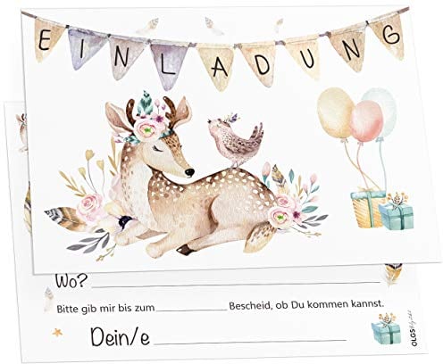 Olgs 12x Einladungskarten für Mädchen zum Kindergeburtstag, Boho Reh, Geburtstagseinladungen, Einladung zur Geburtstagsfeier zum ausfüllen + Umschläge, Kinderparty, Babyparty
