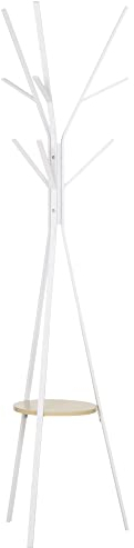 HOMCOM Freestanding Metal Coat Rack Stand 9 Hooks Clothes Tree with 1 Shelf Hat Display Hall Tree Hanger Bag Umbrella Hanging Organiser White
