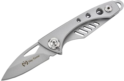 MAX KNIVES - 14688G - Finition Silver - Lame 440C - Couteau de survie pour camping, chasse, pêche et randonnée - Couteau pliant manche acier 440C