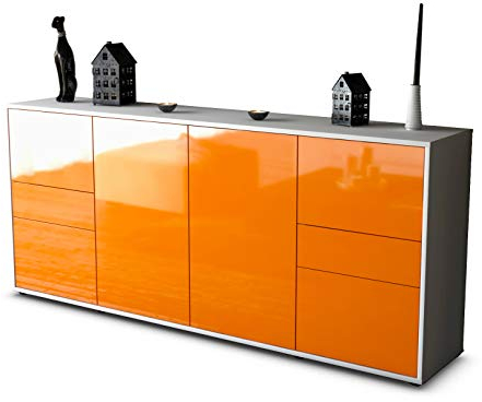 Stil.Zeit Sideboard Gemma, Korpus Weiss matt, Front Hochglanz Mandarine (180x79x35cm) Push-to-Open Technik & Leichtlaufschienen