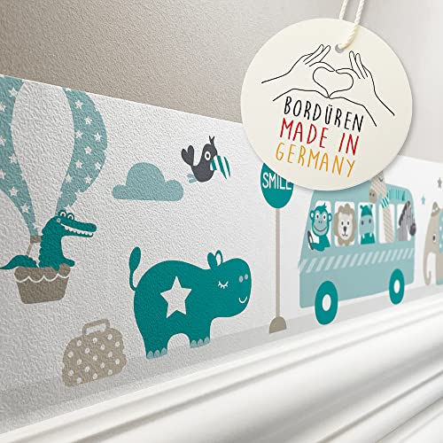 lovely label Bordüre selbstklebend TIERE ON TOUR MINT TAUPE - Wandbordüre Kinderzimmer Babyzimmer mit Elefant im Auto - Wandtattoo Schlafzimmer Mädchen & Junge – Wanddeko Baby Kinder