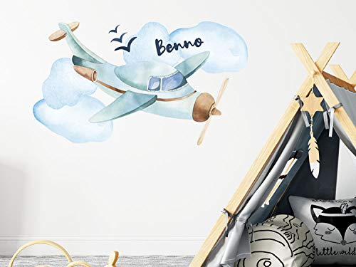 GRAZDesign Wandtattoo Kinderzimmer Junge Flugzeug | personalisiert mit Name | Wandsticker Babyzimmer Baby Jungen | Wandaufkleber Kinderzimmer Deko Blaue Wolke, 86x50cm