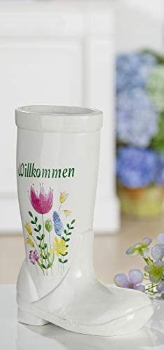 GILDE Pflanztopf Vase als Gummistiefel, Keramik, Weiss, Willkommen 21,5 x 15,5 x 7,5cm