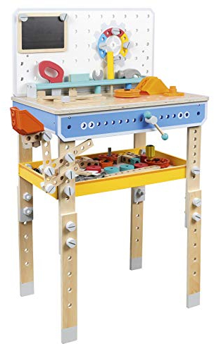 leomark Banco de Herramientas para niños 117pcs, Banco de Trabajo con amplios Acc. y Juego de Tornillosmesa de Herramientas realistas, Juguete de Madera, grúa, Excavadora, Molino de Viento, excavador