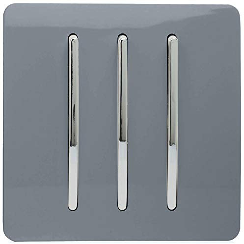 Trendi 3 Gang 2 way 240V Screwless Raised Front Plate Plastic Artistic Modern Glossy 10 Amp Chrome Rocker Triple Electrical Wall Light Switch Warm Grey - ART-SS6WG