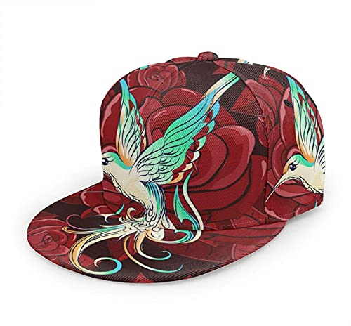 Oaieltj Unisex Baseball Cap Damen Herren Einstellbare Snapback Flat Bill Brim Baseball Cap Cool Hip Hop Hat, Rote Rosen Blumen Kolibri Chic Tier Vogel, One size