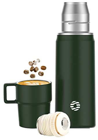 Healter 850ml Thermo Café avec Tasse Intégrée Gourde Isotherme Bouteille Isotherme Chaud Thermo d'eau étanche sous Vide sans BPA Convient pour le Café et le Thé(Vert)