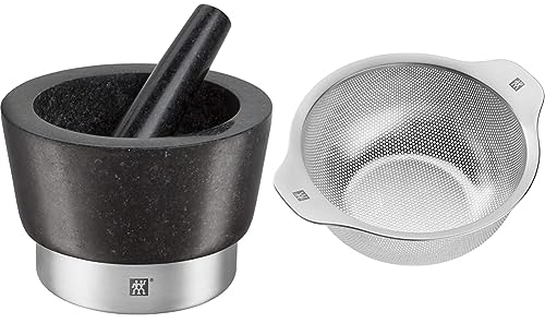ZWILLING Mortier avec Pilon, Ø 15 cm, Hauteur: 10 cm, Granite, Noir, série Spices & Passoire, 16 cm, Acier Inoxydable 18/10 de Haute Qualité, série Table, 17 x 16 x 8 cm, Inox Mat