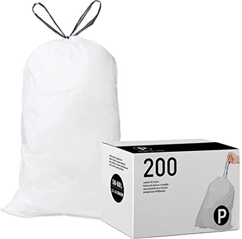 Repaironics Code P (200 Count) 13-16 Gallon Heavy Duty Drawstring Trash Bags Compatible with Simplehuman Code P Garbage Can Liners 13-16 Gallon/50-60 Liter | 1.2 Mil | White