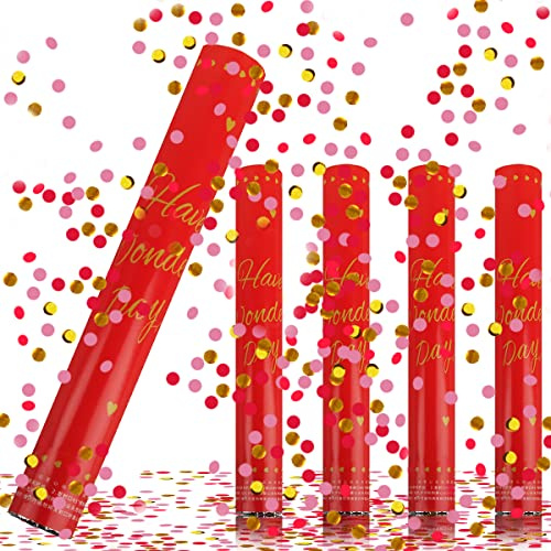 Konfettikanone Rot, RosyFate 4 x Konfettikanone Hochzeit 40cm, 6-10m Effekthöhe, Party Popper, Konfetti Shooter für Geburtstage, Hochzeiten, Weihnachten
