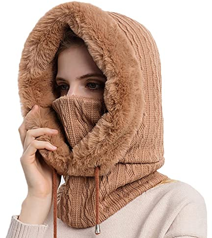 JFAN Cagoule Femme Hiver avec Doublure Molleton éPais Chaud Bonnet Femme Hiver Chaud éCharpe pour l'hiver Cyclisme Ski Bonnet Cache Cou Femme,Kaki Taille Unique