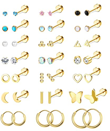 Finrezio 21 Paar Edelstahl Ohrstecker für Damen Herren Tragus Helix Knorpel Ohrringe Winzige Ohrstecker Gold Flache Rückseite Ohrringe Schmetterling Herz Piercing Ohrstecker Ohrringe Piercing Schmuck