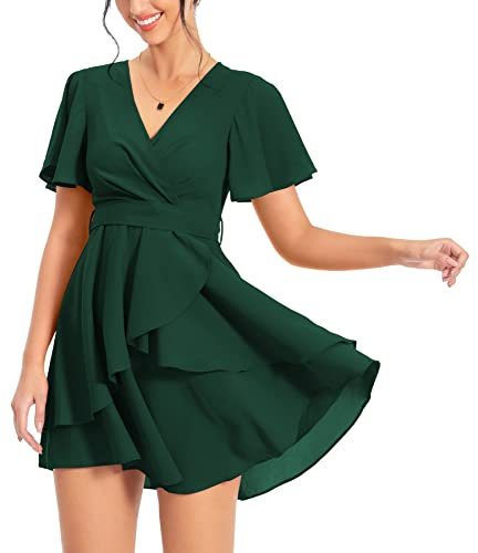 PCEAIIH Women's Cocktail Dresses Short Sleeve Empire Skater Dress Deep V-Neck Waist Tie Ruffle Mini Swing Dresses 2XL Dark Green