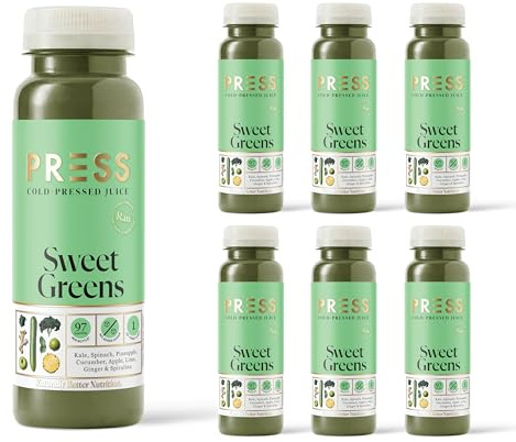 PRESS Healthfoods, 6 x 250ml Daily Sweet Greens, Cold Pressed Juice, Green containing Kale, Spinach, Celery, Romaine, Cucumber, Apple and Lemon, Healthy Drink or Snack