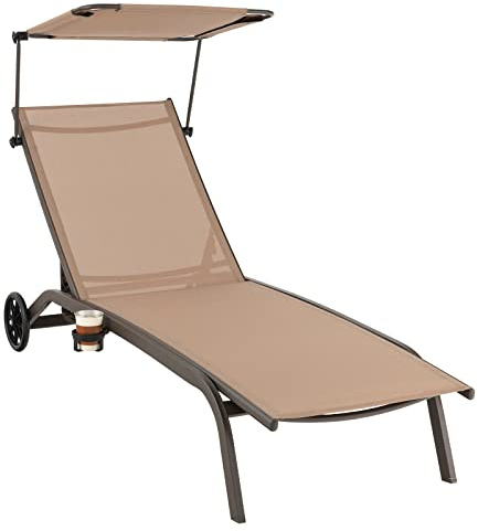 COSTWAY Bain de Soleil Inclinable à Dossier 6 Niveaux, Transat Jardin Exterieur avec Roues, Auvent Réglable, Porte-Gobelet, Charge 150 KG, pour Piscine Plage Balcon (Brun Clair, Style1)