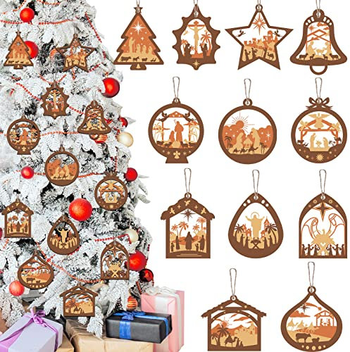 Weihnachtsschmuck aus Holz, Krippe, Ornamente, Jesus, Weihnachtsbaum, hängende christliche Religion, Bibel, Winterurlaub, 3D, Innen- und Außenbereich, Dekoration, Krippe, Andenken (24 Stück)