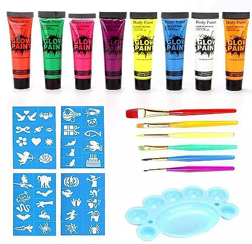 Pintura Corporal Set De 8 Colores,Pintura Facial Fluorescente,Pintura Fluorescente En La Oscuridad,Pintura Fluorescente Corporal Y Facial,Pintura Fluorescente De Neón Para Fiesta,Halloween,Carnaval