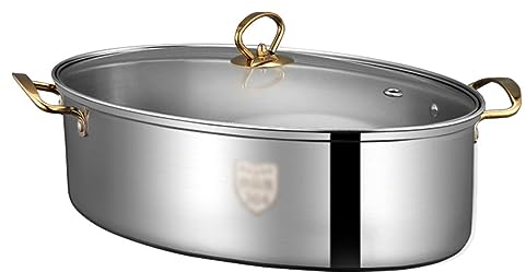 JTBDWOSK Olla de Pescado al Vapor de Acero Inoxidable 304 Gruesa, Cartucho de Vapor de Vapor de Acero Inoxidable y Tapa de Vidrio ventilada, Clip Anti-caída,Plata