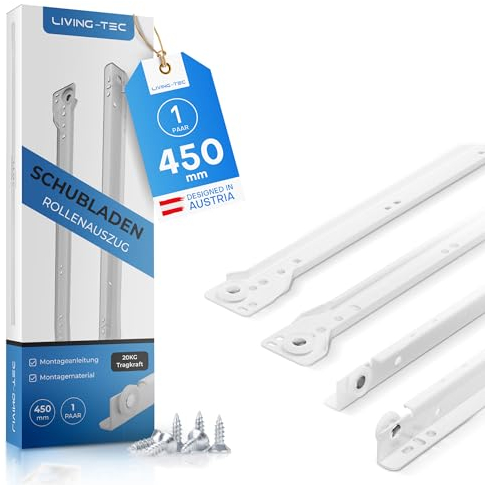 LIVING TEC® Schubladenschienen 450mm - 1 PAAR Rollenauszug Weiß Teilauszug - Leichtgängiger Schubladenauszug - Schubladenauszüge in vielen Größen - Auszugsschienen Stahl 1mm stark - Auszug bis 20kg