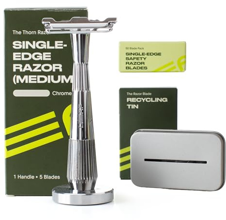 Leaf Shave - | Le set de couteau Thorn chromé : le coffret cadeau comprend 1 couteau Thorn, 1 support pour couteau Thorn assorti, 1