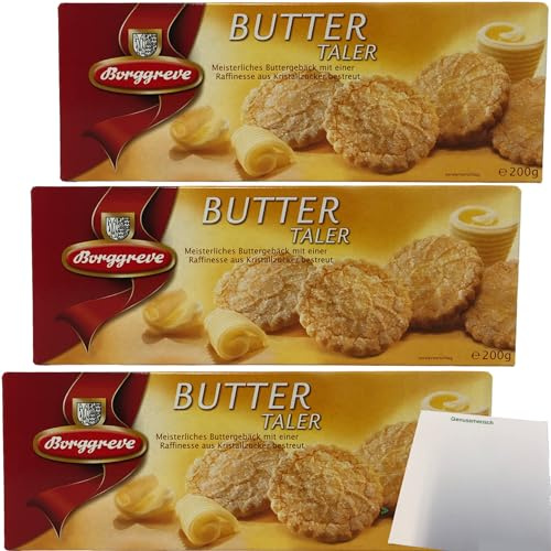 Borggreve Buttertaler Meisterliches Buttergebäck mit Kristallzucker bestreut 3er Pack (3x200g Packung) + usy Block