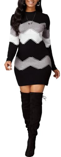 COSKTIARL Womens Dress Knitted Jumper - Autumn Winter Women Fashion Black Print Slim Knitted Dress Female Long-Sleeve O-Neck Elegant Bodycon Package Hips Mini Dresses,Style A,S