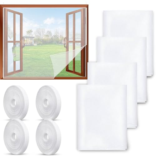 4 Pezzi Zanzariera Bianca con Velcro, 130 x 150 CM Zanzariera Adesiva Ritagliabile, Zanzariere Adesive per Finestre, Zanzariera Velcro, con 4 Rotoli Nastri Adesivi, Nessuna Perforazione (Bianco)