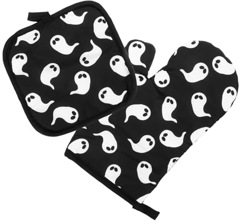 Ciieeo Halloween Insulated Gloves for Cooking - Ghost Pattern Heat Resistant Kitchen Mitts for Oven and Microwave Use Flexible Grip for Baking and Grilling, 1 Set