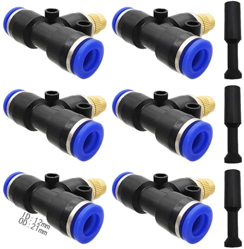 Verstellbare Zerstäubungsdüse, Dujelixa 6-Stück Messing-Nebeldüse Anschließen eines 12-mm-Schnellintubationsschlauchs + 3-Stück Blockierkopf für Zaunsprühen, Staubentfernung, industrielle Kühlung usw.