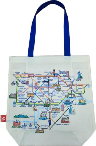 GWCC Lizenzierte offizielle London-U-Bahn-Tragetasche mit Tube-Karten-Druck, London-Ikonen-Rückendruck, Mind the Gap Roundel, beige, Size is without handle Height 15.5 inches (40cm) width 16 inches