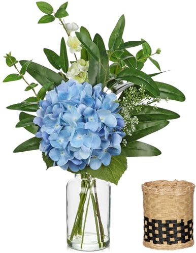 Hollyone Hortensien Künstliche Blumen mit Vase, Falsche Hortensie Blumen Blau, Faux Pflanzen und Blumen in Vase, Seidenblumen in Glasvase für Tisch Centerpiece, Haus, Büro, Hochzeit Dekoration