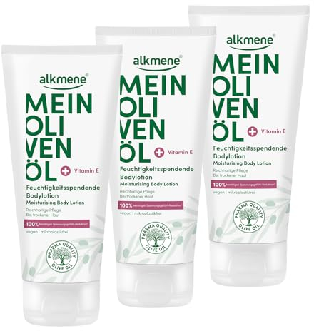 alkmene 3x Bodylotion trockene Haut 200 ml - 100% bestätigen Spannungsgefühl Reduktion - Body Lotion Damen & Herren mit Olivenöl - Feuchtigkeitslotion vegan - Körperlotion für sehr trockene Haut