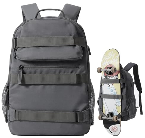 Skateboard Backpack, Large Skateboard Bag for Men and Women Laptop Bag with USB Port, for Skateboarding, College, Travel, Grey, Sports