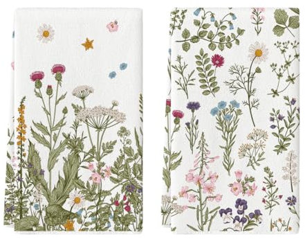 Artoid Mode Antike Kräuter Wilde Blumen Frühling Küchentücher Geschirrtücher, 42x65 cm Sommer Saisonale Dekoration Polyester Handtücher 2er Set