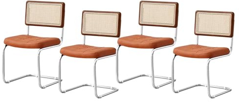 RENYUEH Rattan-Esszimmerstühle, 4er-Set, Freischwinger-Küchenstühle aus PU-Leder mit silbernen Metallbeinen und Fußpolstern, Bequeme ESS- und Freizeit-Beistellstühle für Esszimmer, Küche, Wohnzimmer