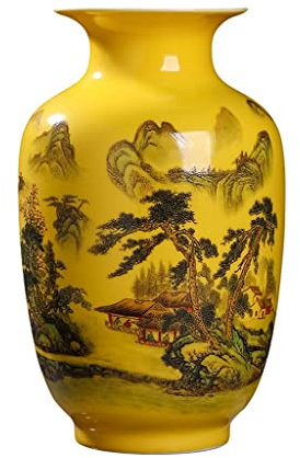Vase chinois fait main en céramique jaune ornements décoratifs