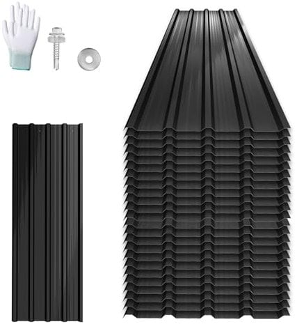 UISEBRT 24 Stück Wellplatten Dachplatten Verzinkter Stahl 129,5x45 cm, Trapezblech Profilblech 14 m² Verzinkt, Wetterfeste Dachbleche für Garage Gartenhaus, Schwarz mit Struktur