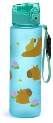 Puckator Capybara Pop Top 600ml Shatterproof Bottle - Reusable Insulated Active Water Bottle Flask For Girls And Boys With A Carry Handle & Straw - Bpa Free - For School Nursery